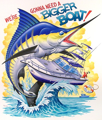 Caribbean Soul Tee shirt artwork of giant marlin attacking fishing boat