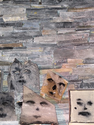 Detail of handmade faux rock wall, and "Suicide Masks"