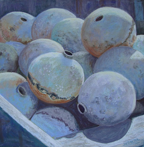 Pastel painting of mooring balls stored for the winter, Kingston MA