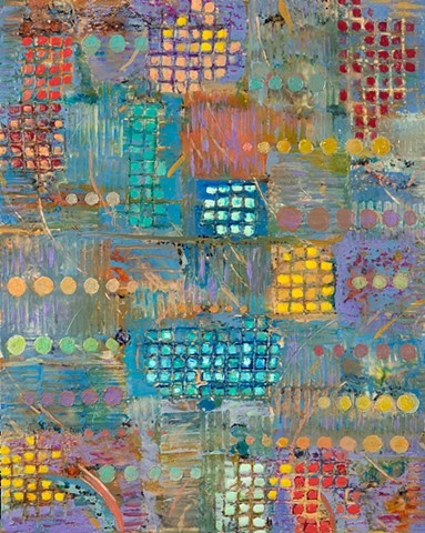 Encaustic with grids and circles.