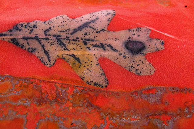 Rust and Eco-print Silk Scarf-Fireweed Red 
(oak leaf close-up)
