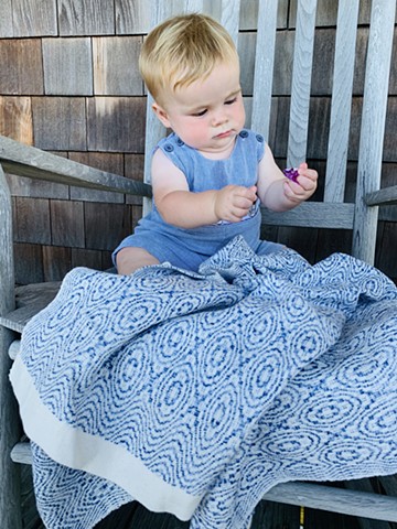 Handwoven "Hugs and Kisses"  Baby Blanket (100% cotton)-variegated blue