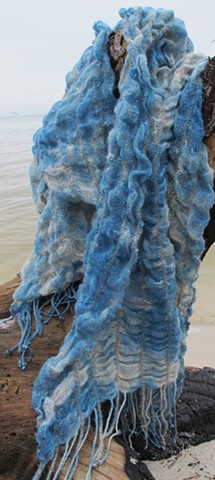 Linen and wool collapsed weave scarf.  "Indigo Clouds"