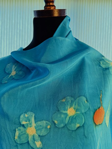 Dogwood Eco-Print Silk Scarf (Turquoise)