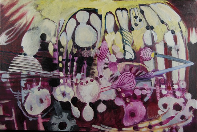 Abstract Tableau, onion nodes, medical art, bio art, abstract expressionism surrealism, landscape, space, purple