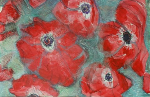 red poppies on silver back ground expressionist floral