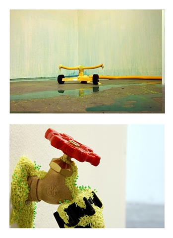 Jasmyne Graybill
Run-Off
Acrylic paint, polymer clay, sprinkler, spigot, water hose
9’ x 7’ square
(Installation view)