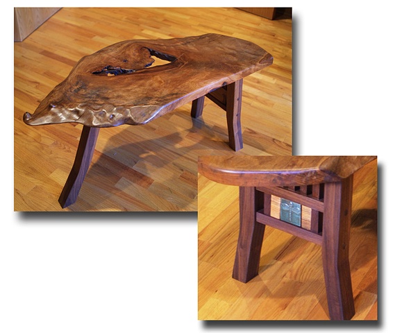 This one of a kind table has a free edge mesquite top, black walnut base, sycamore accents and a dragonfly ceramic tile inset.