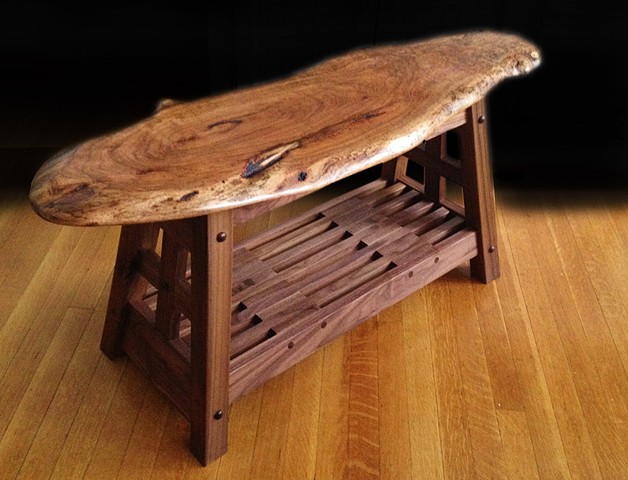 Natural edge Mesquite bench with black walnut base.