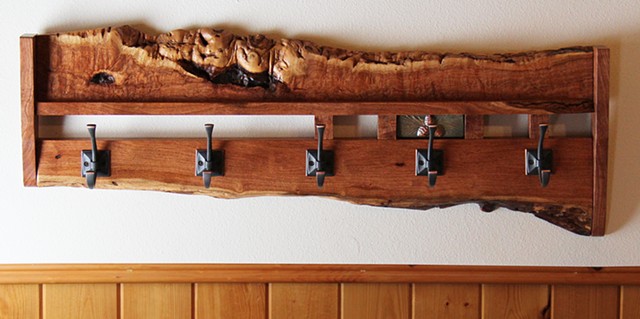 Eclectic style coatrack made from Mesquite burl, with an inset glazed terra-cotta tile.