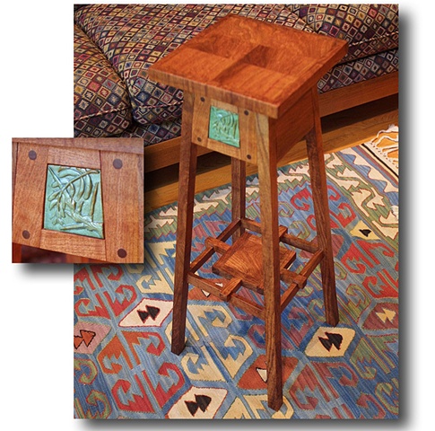 Arts & Crafts style plant stand with hand-carved ceramic tile.