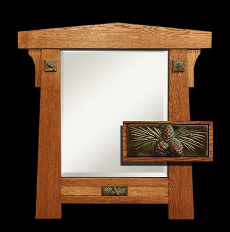Arts & Crafts style beveled mirror in White Oak with glazed terra-cotta tiles in pine cone pattern.