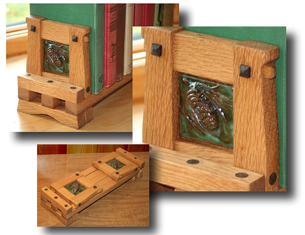 Arts & Crafts style expandable bookrack built from reclaimed white oak and hand-carved ceramic tiles.