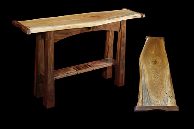 Asian style console table with natural edge Elm slab top and Black Walnut base 