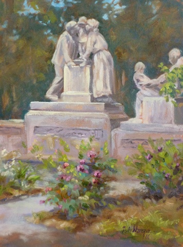 plein air painting of kissing statue in Mariemont, Ohio