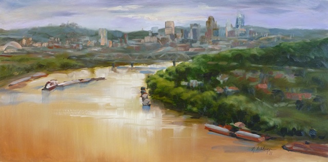 plein air painting of view of Cincinnati and Ohio River from Mt. Storm Park