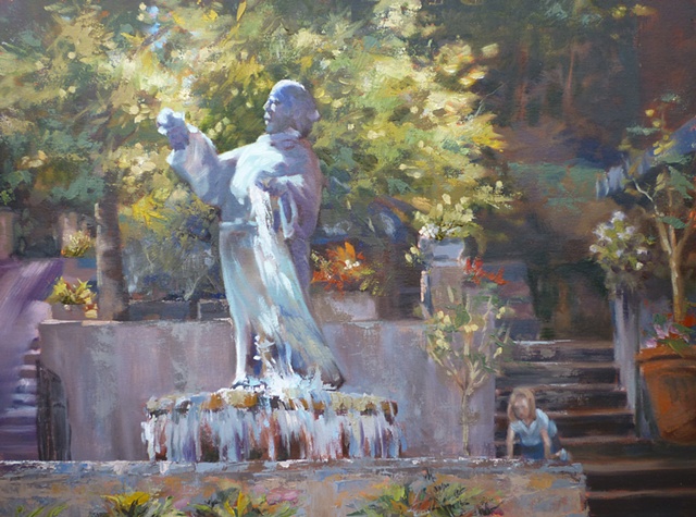 plein air painting of monk fountain in Mt. Adams, Cincinnati, Ohio