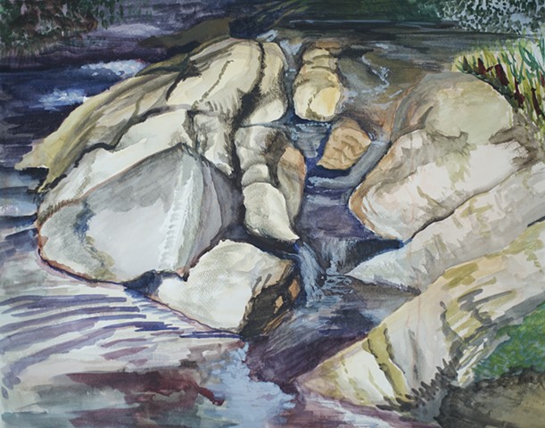 Falls at the Mahler Family Swimming Hole, Summer 2015 Montevallo Alabama plein-air watercolor painting by Amy Feger