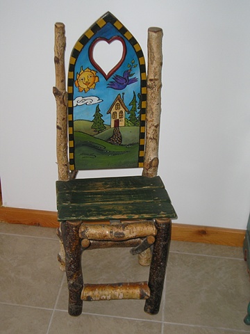 Rustic chair made of Alder wood and Painted back