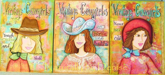 Vintage Cowgirls Set of Three Art Prints   9 X 12