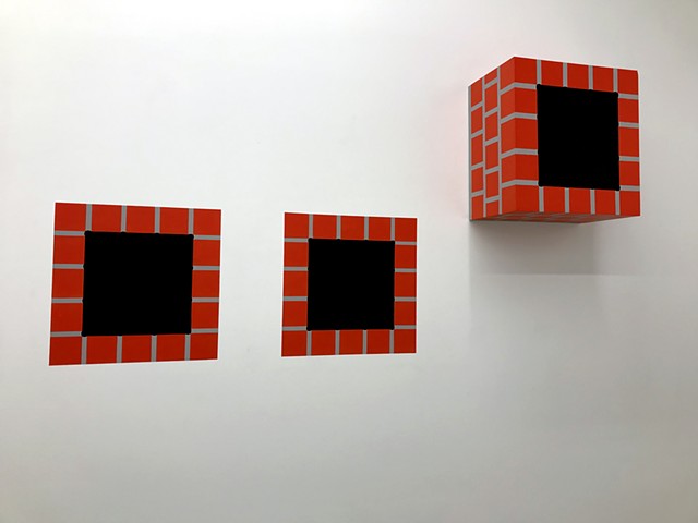 CHIMNEY HOLE (3 PART)
latex & acrylic on wood + acrylic on wall
14”x14”x8.75” sculpture + two 14”x14” wall paintings
2019