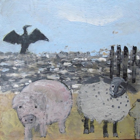 Cormorant with Sheep & Pig at the Beach