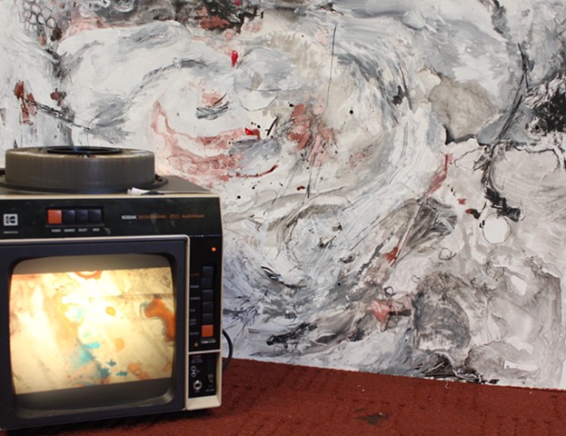 for years I,,,, Installation View, "Responses Are Bigger," found slides, ink, projector