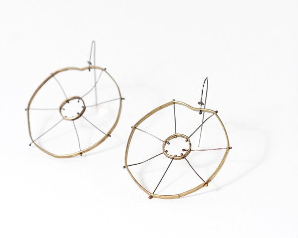 Nasturtium earring; silver, circular, organic, brass, patina by Jennifer Bennett of Di Luce Design