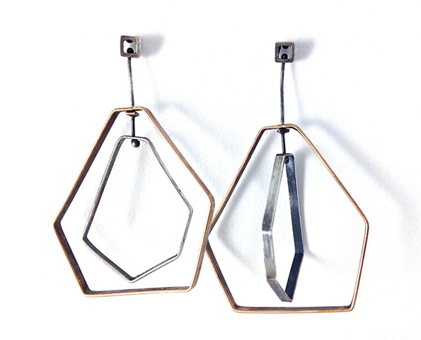 E-Mobile earrings bronze or brass, oxidized sterling silver, mobile, kinetic, movable, sculptural, hexagon, 2-tone 