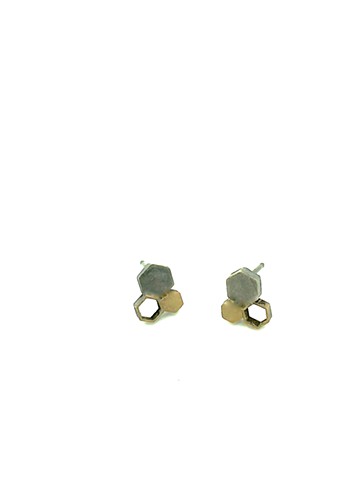 Triad Earring: one solid oxidized silver hexagon and 2 brass hexagons of various sizes, simply atomic by  Di Luce Design, Jennifer Bennett