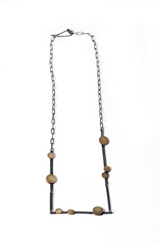 Molecule necklace by Jennifer Bennett of Di Luce Design, organic, molecular, oxidized, silver, brass