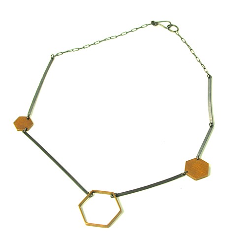 N-HEXLINE Line necklace with oxidized silver and hexagonal brass elements by Jennifer Bennett of di luce design