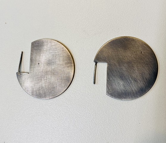 Round, silver, earring, disc, flat, circular, brushed, lightly oxidized, large, future