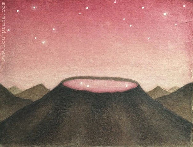 lou praha loupraha art montagne lac étoiles magie rose volcan rêve peinture aquarelle crayon 