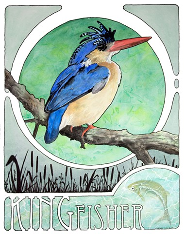 art nouveau Kingfisher bird watercolor by Corbett Sparks