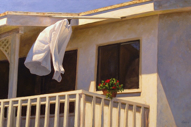 house, building, beach house, California, white shirt hanging on porch, flowerpot.