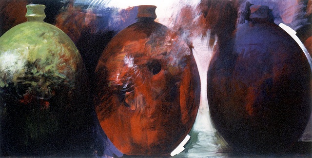 Three large vessel forms, deep saturated color, red, green, violet, white accents, brooding