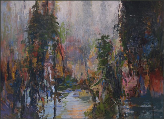 semi-abstract, representational, trees, swamp, fog, forest, impressionist, expressionist