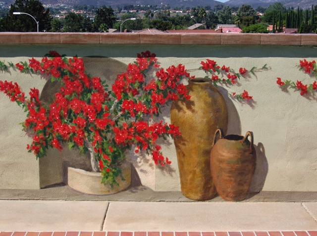 Mural, exterior mural, fool the eye, trompe l'oeil, plants, pottery