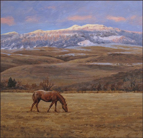 landscape, horse, realist_painting, winter, fields, mountains, snow, nature
