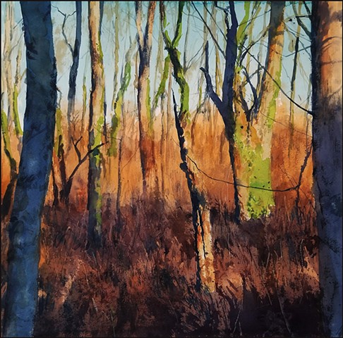 landscape, watercolor, trees, woods, sunlight, realist_painting, realism