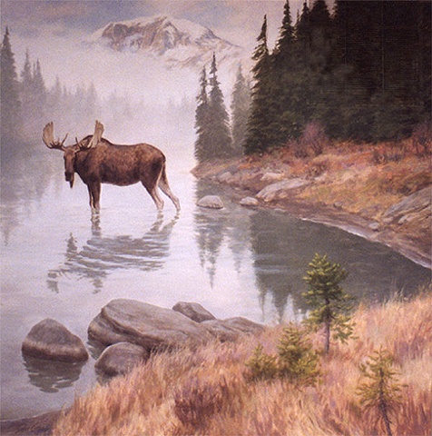 Interior mural, mural, wildlife, moose standing in water, mountains