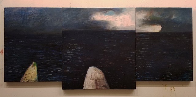 acrylic, abstract, semi-abstract, seascape, triptych, black, blue, brooding, dark, mystical