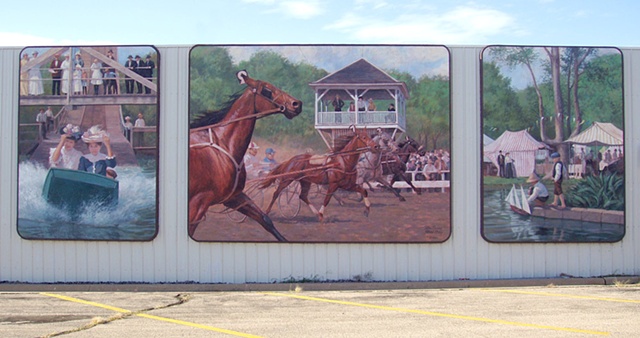 Mural, exterior mural, old-time fair, historical illustration, horse race, water slide