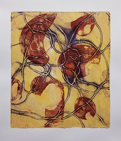 acrylic, abstract, work on paper, monotype, gel plate, gelli, vessel