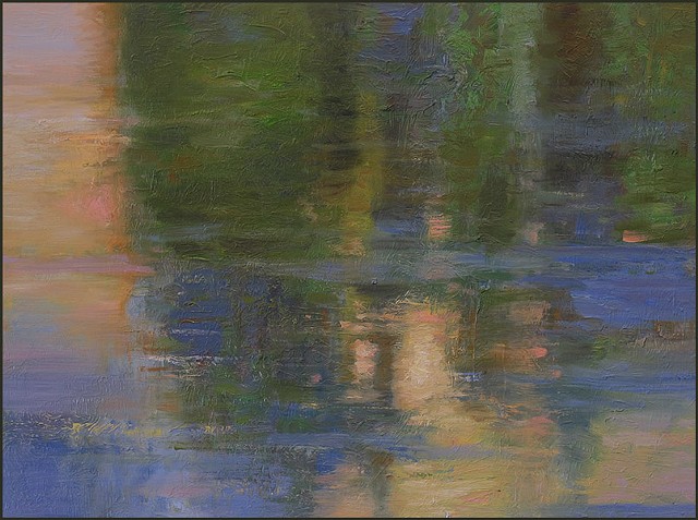 oil, impressionist, nature, water, ice, reflections, trees, abstract, representational