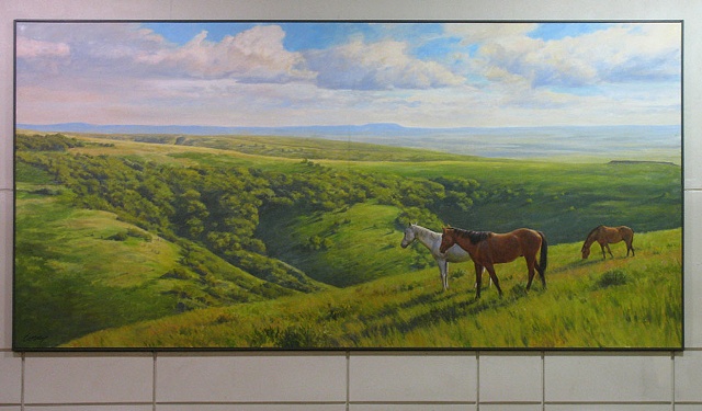 Interior mural, green hills, meadows, flowers, horses, sunshine