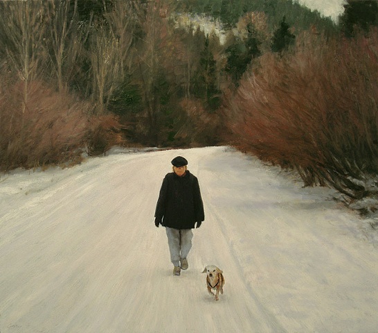 Winter landscape, road, snow and forest, woman and dog walking toward viewer.