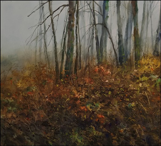 watercolor, nature, trees, oak trees, alders, fog, landscape, realist, pacific_northwest