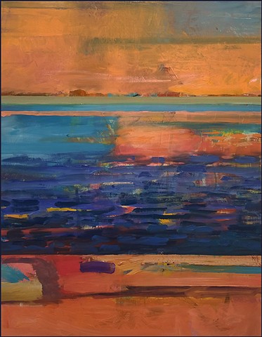oil painting, abstract, orange, blue, seascape, painterly, brushstrokes